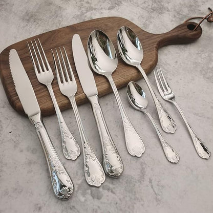 64-piece Silverware Set for 16, Retro Royal Palace Style Stainless Steel Flatware Cutlery Serving Utensils, Eating Tableware for Home Kitchen Hotel Restaurant, Mirror Polished