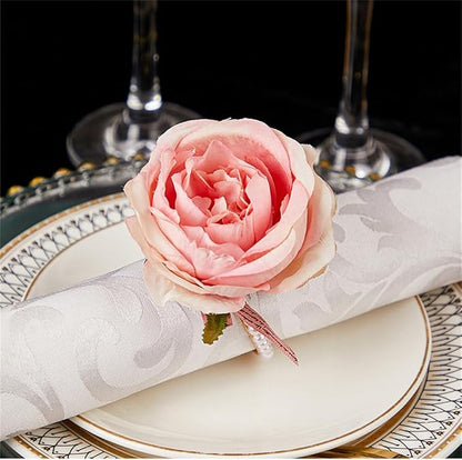 Pearl Napkin Rings Set of 6,Rustic Rose Napkin Rings Flower Dinner Napkin Holder for Table Decoration (21#Peach Pink)