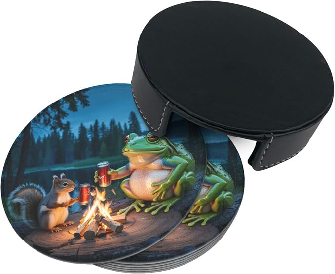 Happy Camper Frog Coasters for Drinks Set of 6, Round Leather Coaster - Image 9