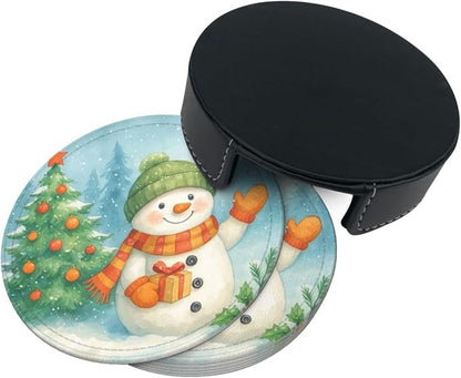 Winter Blue Green Snowman Christmas Tree Snow Coasters - Image 7