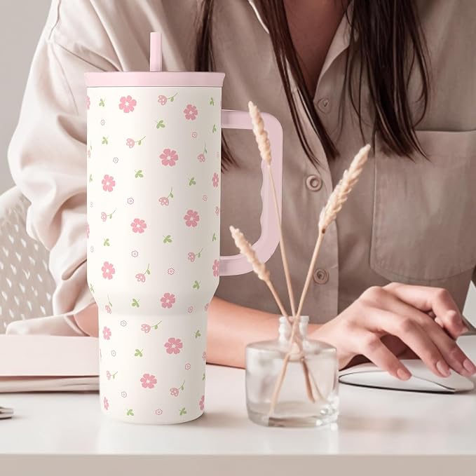 Floral 40oz Tumbler with Handle and Straw – Flowers Insulated Stainless Steel - Image 8