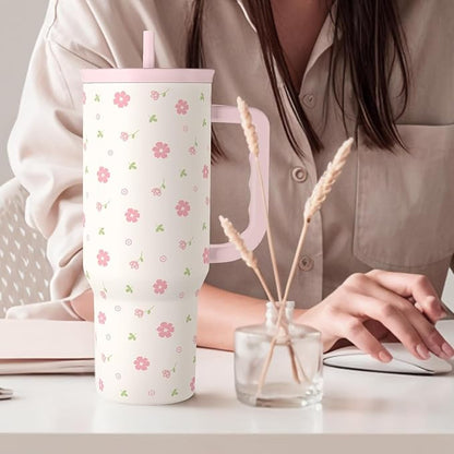 Floral 40oz Tumbler with Handle and Straw – Flowers Insulated Stainless Steel - Image 8