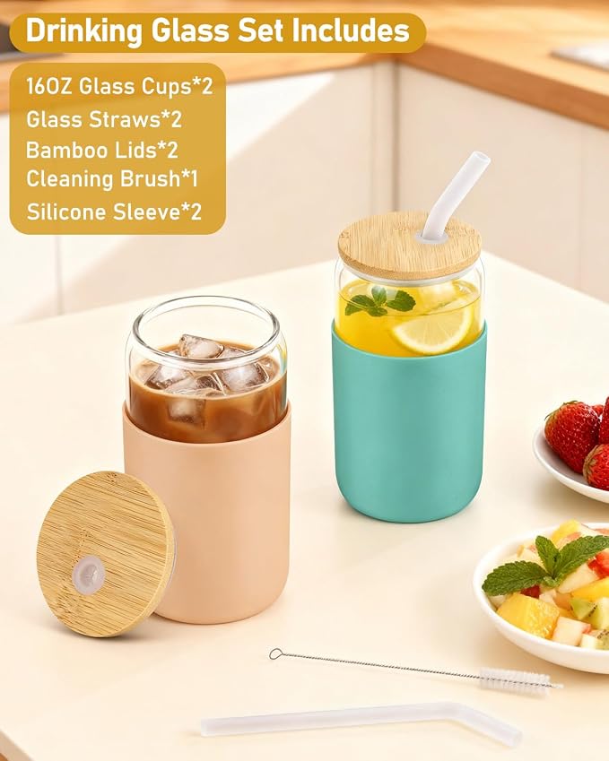 Glass Cups with Lids and Straws, 2 Pack 16OZ Iced Coffee Cups with Silicone - Image 2