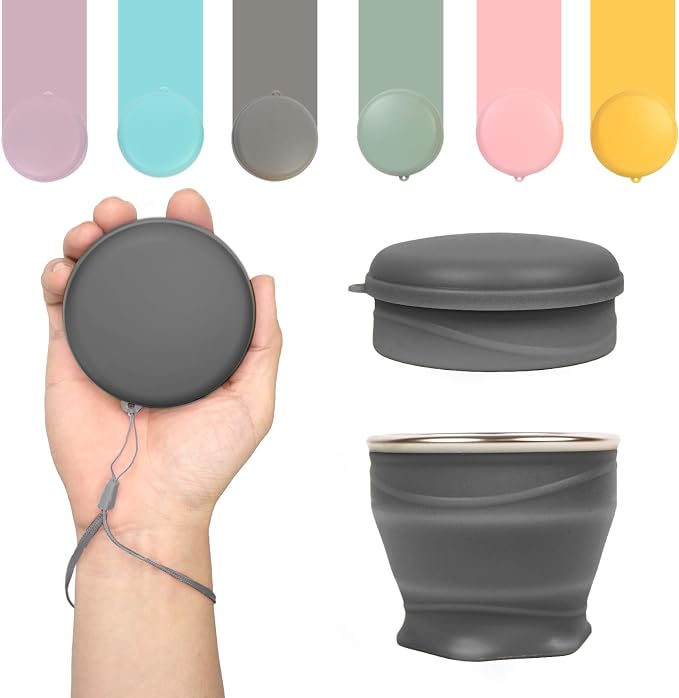 Collapsible Travel Cup with Lid - 6oz Mini Silicone Folding Cup with Stainless by zhuzhiloono