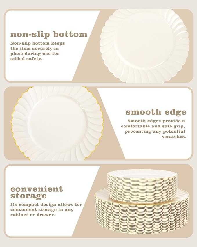 YOUBET 100PCS Ivory and Gold Scalloped Plastic Plates - Image 6