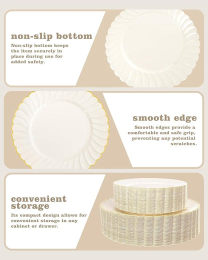 YOUBET 100PCS Ivory and Gold Scalloped Plastic Plates - Image 6
