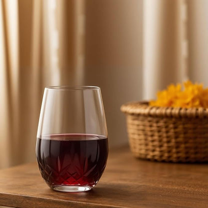 SHOSHIN - Hand Cut Stemless Wine Glass Set of 4, Large 18 oz Crystal Glass, Wine Tumblers for Red and White Wine, Water Glasses, Drinking Glasses
