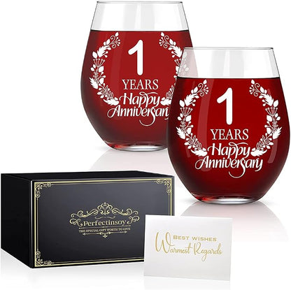 Perfectinsoy 1 Years Happy Anniversary Wine Glass Set of 2, Happy 1th by Perfectinsoy