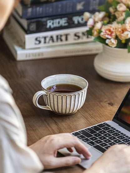12 oz Ceramic Coffee Mug, Vintage Style Coffee Cup 350ml Rustic Ribbed Coffee - Image 5