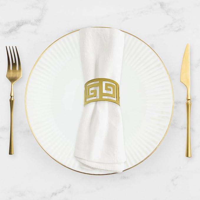 Shiny Gold Napkin Rings Set of 12, Greek Key Round, Modern Cuff Design - Image 6