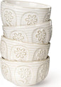 Artena Small Bowls Set of 4, 12 oz Ceramic Embossment Dessert Bowls, white Bowl for Kitchen, Ice Cream, Side Dishes, Rice, Cereal, Fruit, 4.5 Inch, Microwave & Dishwasher Safe, Pinwheel Flower