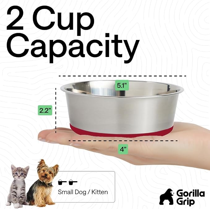 GORILLA GRIP Dog Bowls, Food Grade 304 Stainless Steel, Holds 2 Cups Each Food - Image 4