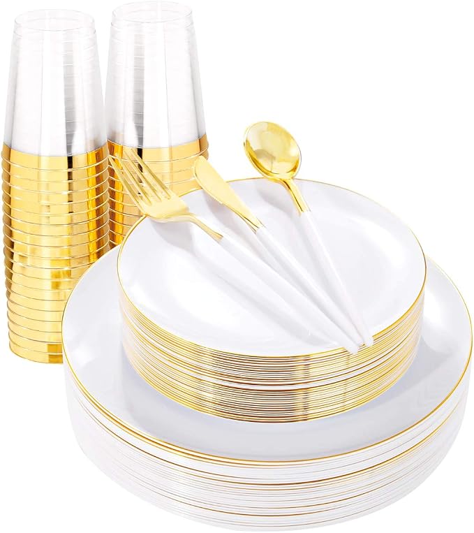 LIYH 180 Pcs White and Gold Plastic Plates Disposable by LIYHLoveinyourheart