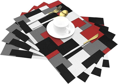 Red Black Grey White Placemats Set of 4 Abstract Modern Art Geometric Wipeable Table Mats Reusable Washable PVC Rectangle Place Mats for Kitchen Dining Home Decor 12x18 Inches