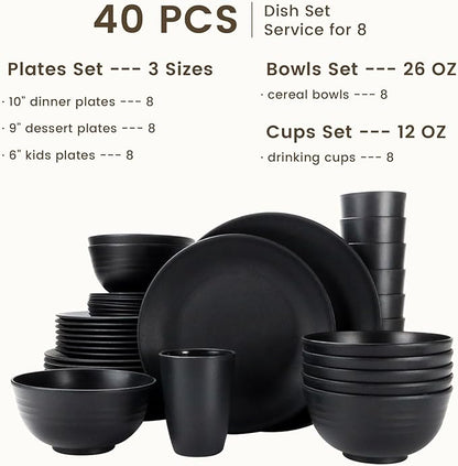 Homienly 40-Pieces Wheat Straw Dinnerware Set, Kitchen Plastic Wheat Straw Dinnerware Set - Service for 8, Unbreakable Lightweight Dish Set for Kitchen, Camping - Plates Set, Bowls, Cups Set(Black)