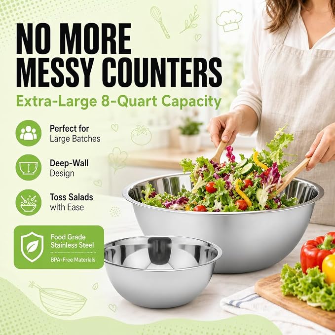 Large Stainless Steel Mixing Bowl 8 Quart - Image 3