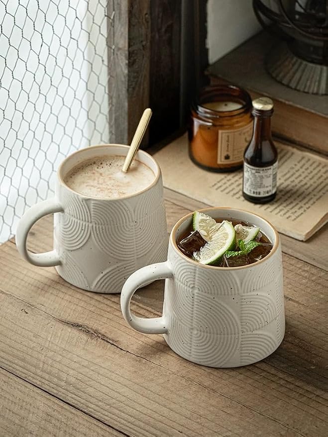Minimalist Embossed Speckled Ceramic Coffee Mug, 14oz Large Capacity, - Image 2