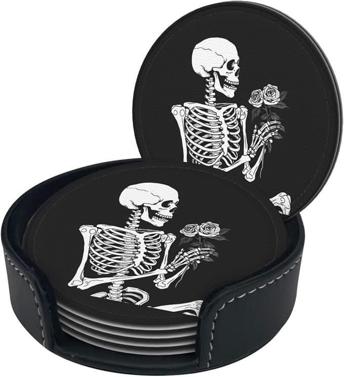 Roses Skeleton Skull Rock and Roll Leather Coasters Set of 6 - Image 6