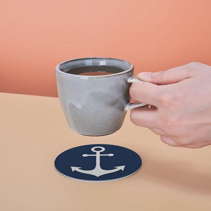 White Nautical Anchor On Navy Blue Premium Leather Coasters - Image 8