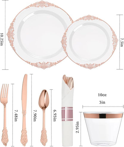 Goodluck 350 Piece Rose Gold Plastic Dinnerware Set for 50 Guests,Fancy Disposable Plates,Include: 100 Rose Gold Rim Plastic Plates,150 Silverwares,50 Pre Rolled Napkins,50 Cups for Party,Wedding