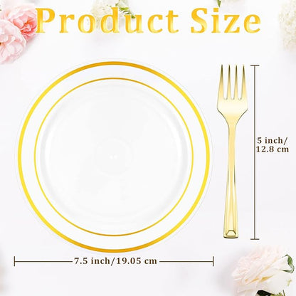 Eccliy 400 Pieces Plastic Cake Plates with Dessert Forks, 7.5 Inch Disposable Plastic Plates Appetizer Plates Salad Plates Party Plates Heavy Duty for Wedding Reception Parties Holidays (Gold)