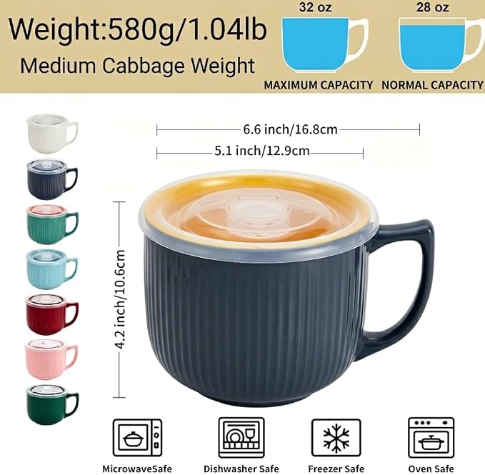 Ceramic Soup Bowl with Handle & Lid, Large 32oz Microwave Ramen Bowl Gray | - Image 3