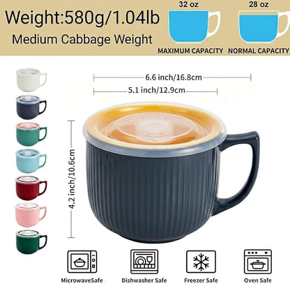 Ceramic Soup Bowl with Handle & Lid, Large 32oz Microwave Ramen Bowl Gray | - Image 3