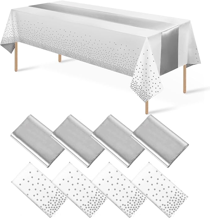 8Pack Disposable Plastic Tablecloths and Satin Table Runner Set White and by MASHAN