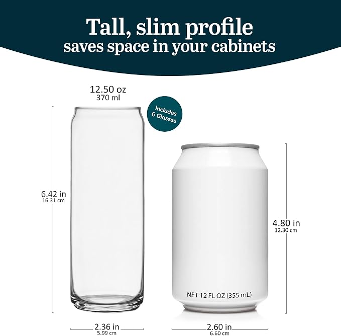 Libbey Classic Slim Beer Can Glasses, 12.5 oz Tall Drinking Glasses Set of 6 - Image 3
