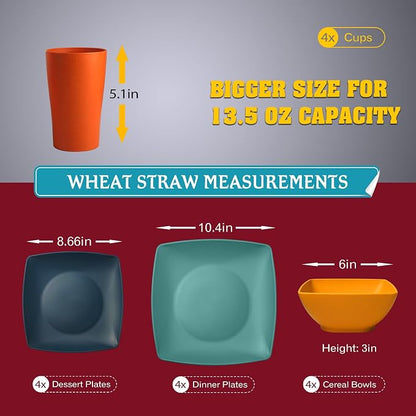 Teivio 16-piece Plastic Wheat Straw Square Dinnerware Set - Image 2