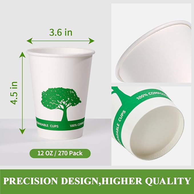 Vplus 270 Pack Compostable Paper Cups, 12 oz Paper Coffee Cups | Biodegradable - Image 2