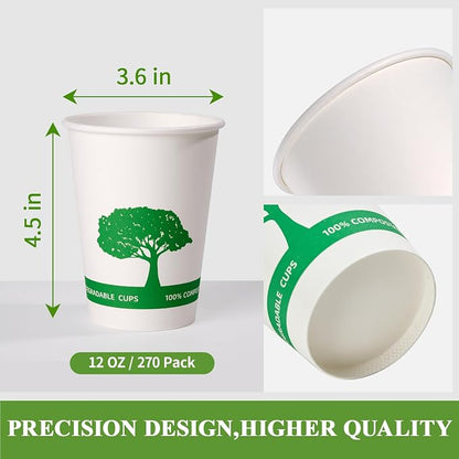 Vplus 270 Pack Compostable Paper Cups, 12 oz Paper Coffee Cups | Biodegradable - Image 2