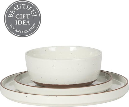 Gibson Elite Northrock Stoneware Dinnerware Set, 12-Piece Service for 4 Plates and Bowls Set – White Dishes with Hand-Painted Terracotta Base