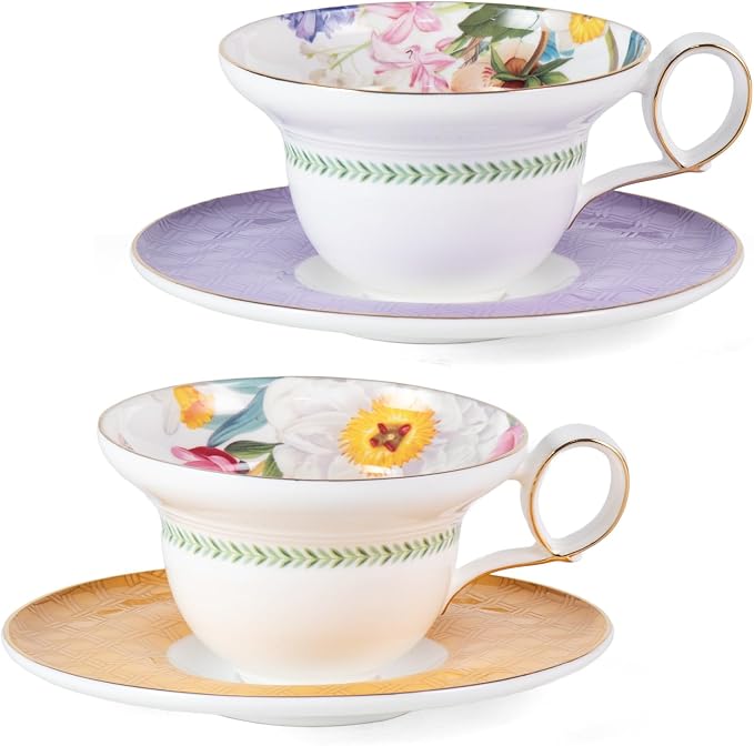 KAMMAK Tea Cups Set of 2, Ceramic Floral Pattern Demitasse Cup | Porcelain by KAMMAK