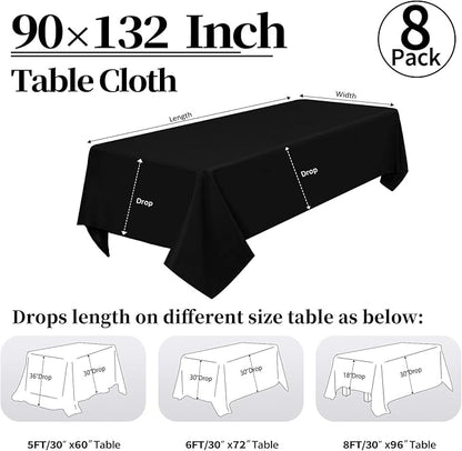8 Pack Black Tablecloth 90 x 132 Inch Rectangular Table Cloth for 8 Foot Rectangle Tables, Wrinkle Resistant Washable Polyester Fabric Covers for Wedding Party Banquet Buffet and Camping