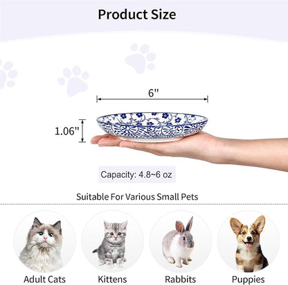 Selamica Ceramic Cat Bowls, 6 Inch Wide Shallow Cat Food Bowl for Relief Whisker Fatigue, Set of 6, Vintage Blue