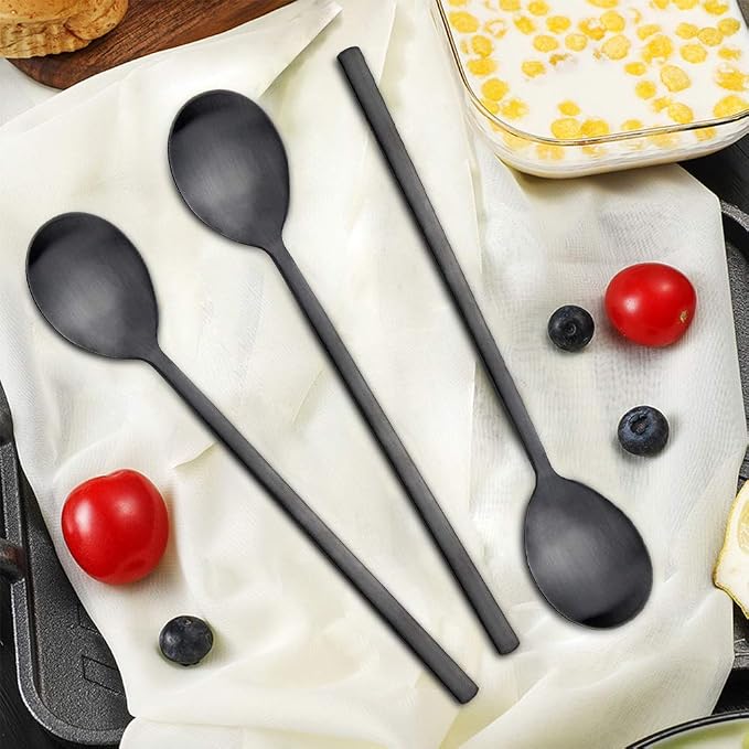 IQCWOOD Korean Soup Spoon Stainless Steel, 8.5 Inch 8-Piece Black | Long Handle - Image 3