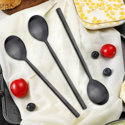 IQCWOOD Korean Soup Spoon Stainless Steel, 8.5 Inch 8-Piece Black | Long Handle - Image 3
