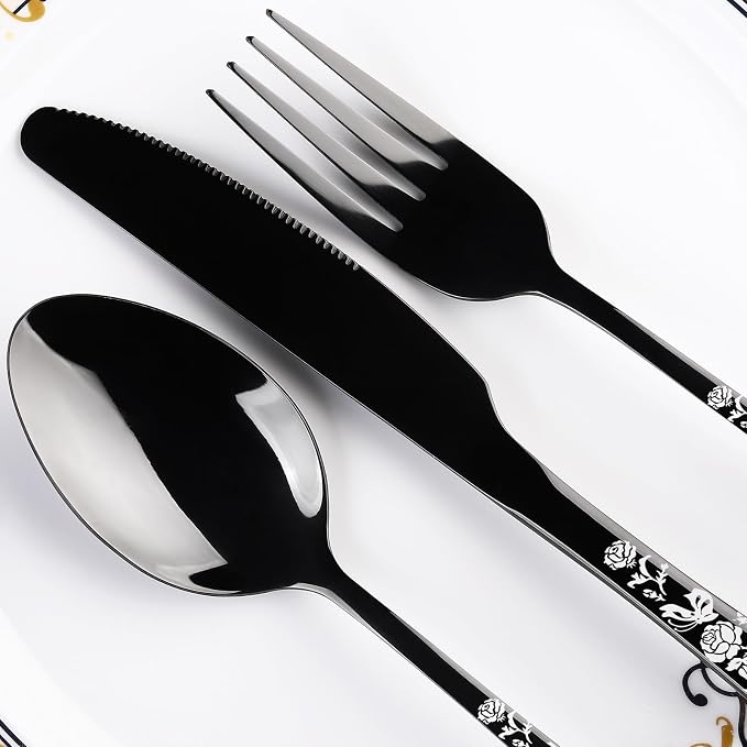 Skull Black Silverware Set for 8, 40-Piece Pirate Rose Flatware Set, Gothic - Image 4