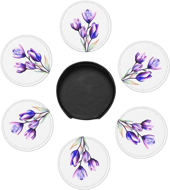 Purple Flower Tulip Leather Coasters Set of 6 - Image 7
