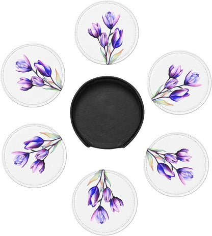 Purple Flower Tulip Leather Coasters Set of 6 - Image 7