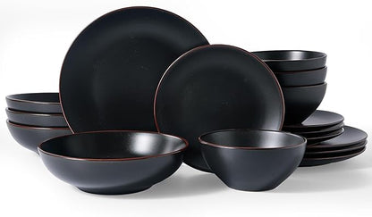Famiware Venus Speckled Dinnerware Set with Pasta Bowls, Service for 4 (16 Pieces), Stoneware Plates and Double Bowls Sets, Microwave & Dishwasher-Safe Dishes with Trim, Matte Black