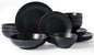 Famiware Venus Speckled Dinnerware Set with Pasta Bowls, Service for 4 (16 Pieces), Stoneware Plates and Double Bowls Sets, Microwave & Dishwasher-Safe Dishes with Trim, Matte Black