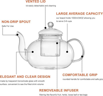 Glass Teapot Set, 34OZ/1000ML Glass Tea Kettle - Image 2