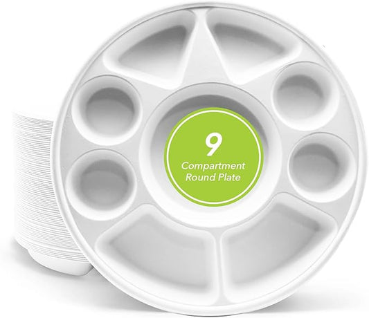 three leaf 9 Compartment Bagasse Round Plate, 200 Ct. Heavy-Duty- Super Strong- Natural- Eco-Friendly Disposable Bagasse Plates, 100% Biodegradable
