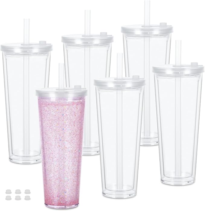 6 Pack 24Oz Snow Globe Tumblers, Double Wall Acrylic Pre Drilled Snow Globe Cup by Micellwuu