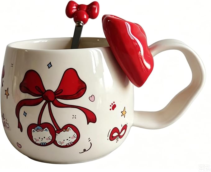 DTIUYIOP-Cute Cherry Cat Ceramic Coffee Mugwith 3D Bow & Bow Spoon | kawaii by Unknown