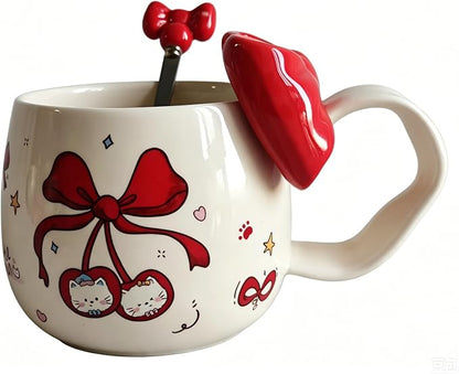 DTIUYIOP-Cute Cherry Cat Ceramic Coffee Mugwith 3D Bow & Bow Spoon | kawaii by Unknown
