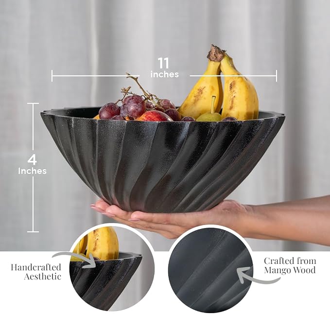 Folkulture Wooden Black Ribbed Salad Bowl, Modern Wooden Bowl - Image 2