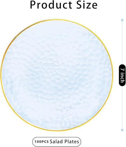 Rubtlamp 100 Pcs Clear Blue Gold Plastic Plates, Clear Hammered Plastic Plates, Blue Party Platos, Disposable Salad/Dessert Platos, 7-Inch Disposable Dessert/Appetizer Platos Perfect For Party